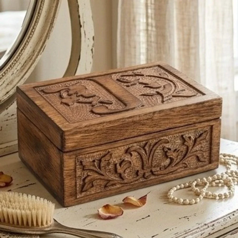 Hand Carved Wooden Initial J Keepsake Jewelry Box Floral Vine Relief Storage